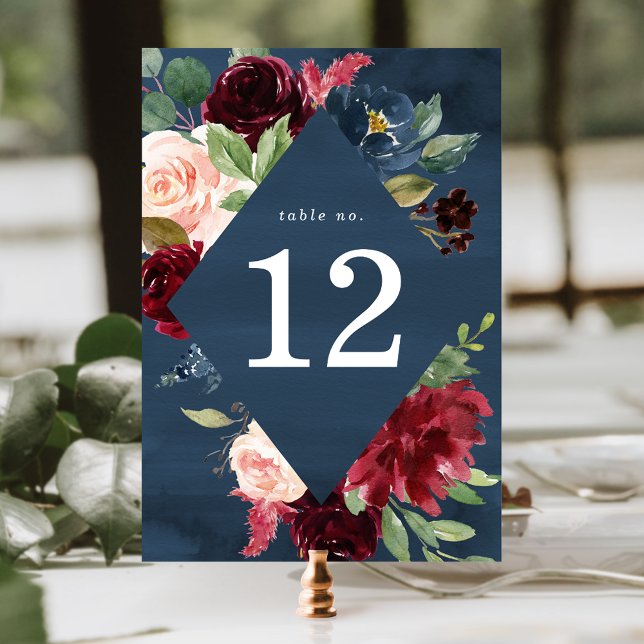 Elegant Blush Burgundy and Navy Floral Wedding Table Number (Creator Uploaded)