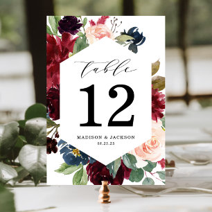 Elegant Blush Burgundy and Navy Floral Wedding Table Number