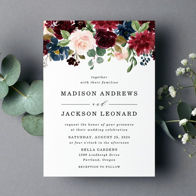 Elegant Blush Burgundy and Navy Floral Weddings Invitation (Creator Uploaded)