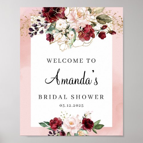 Elegant Blush burgundy boho floral bridal shower Poster