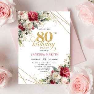 Elegant Blush Burgundy Floral 80th Birthday Invite