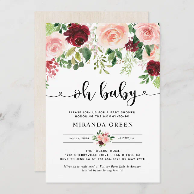 Elegant Blush Burgundy Floral Baby Shower Invitation | Zazzle