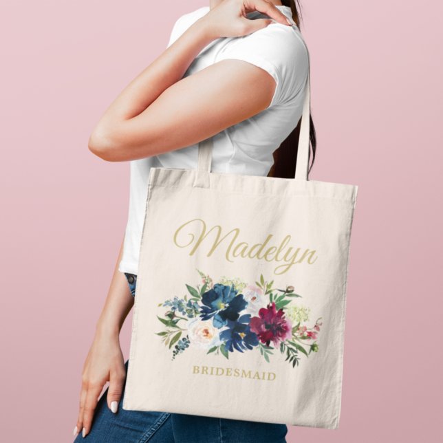 Elegant Blush Burgundy Floral Bridesmaid Name Tote Bag (Creator Uploaded)