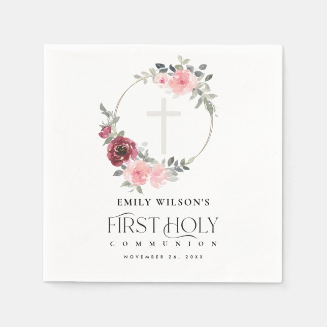 ELEGANT BLUSH BURGUNDY FLORAL FIRST HOLY COMMUNION NAPKINS (Front)