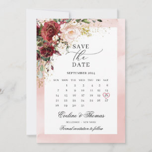 Elegant blush burgundy floral gold leaves boho save the date