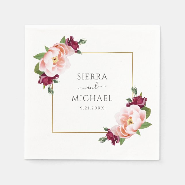 Elegant Blush Burgundy Floral Gold Wedding Napkins (Front)