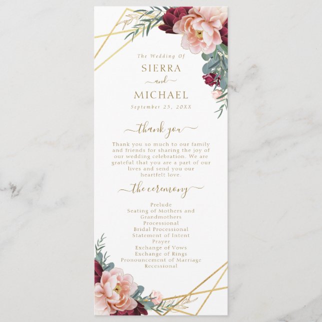 Elegant Blush Burgundy Floral Gold Wedding Program (Front)
