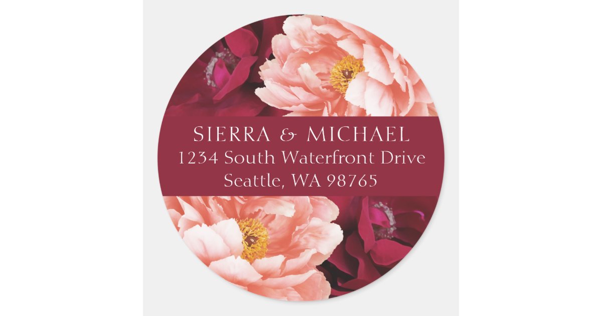 Elegant Blush Burgundy Floral Return Address Classic Round Sticker | Zazzle