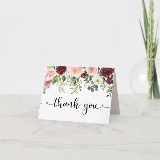 Elegant Blush Burgundy Floral Thank You Card (Front)