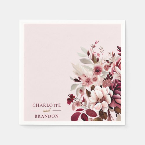 Elegant Blush Burgundy Floral Wedding Napkins