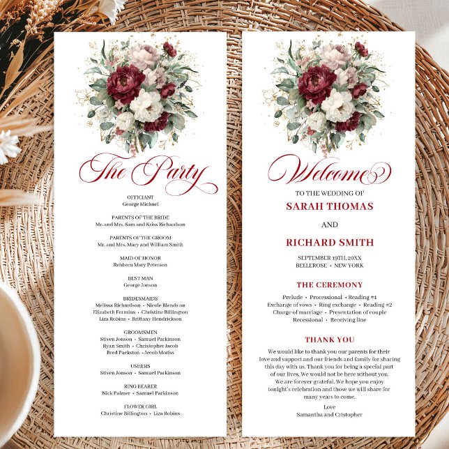 Elegant Blush Burgundy Floral Wedding Program Card (Elegant Blush Burgundy Floral Wedding Program Card)
