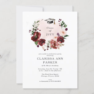 Elegant Blush Burgundy Floral Wreath Graduation Invitation
