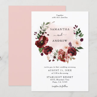 Elegant Blush Burgundy Floral Wreath Wedding  Invitation