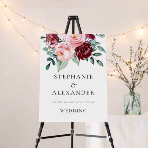 Elegant Blush Burgundy Florals Welcome Wedding  Foam Board