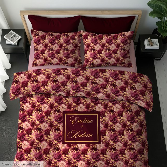 Elegant Blush Burgundy Gold Floral Personalized  Duvet Cover (Elegant Blush Burgundy Gold Floral Personalized Duvet Cover)