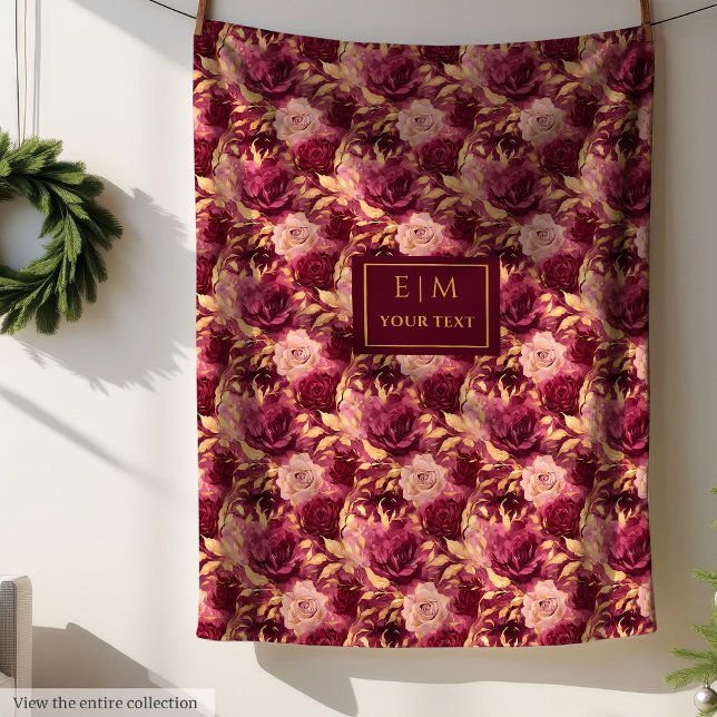 Elegant Blush Burgundy Gold Floral Personalized  Fleece Blanket (Elegant Blush Burgundy Gold Floral Personalized Blanket)