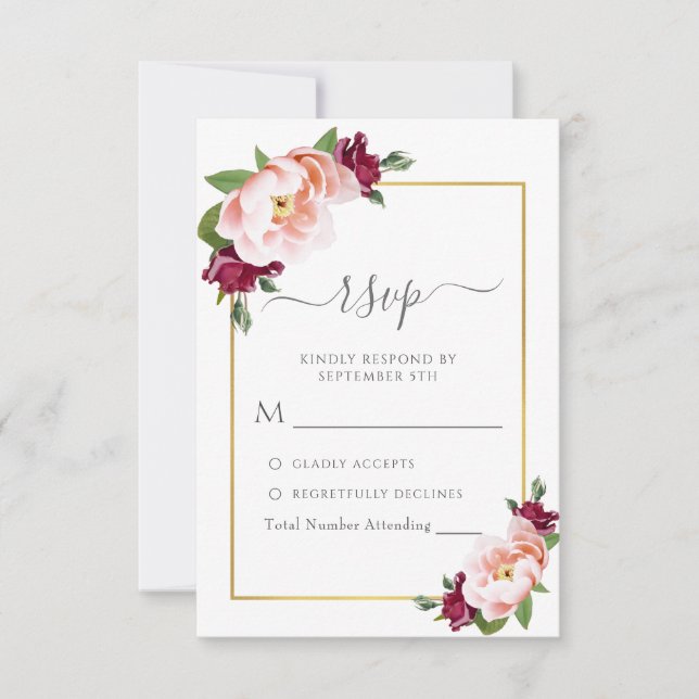Elegant Blush Burgundy Gold Floral Wedding RSVP Card (Front)