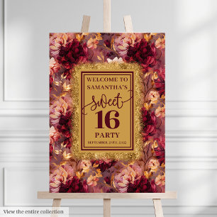 Elegant Blush Burgundy Gold Sweet 16 Welcome Sign