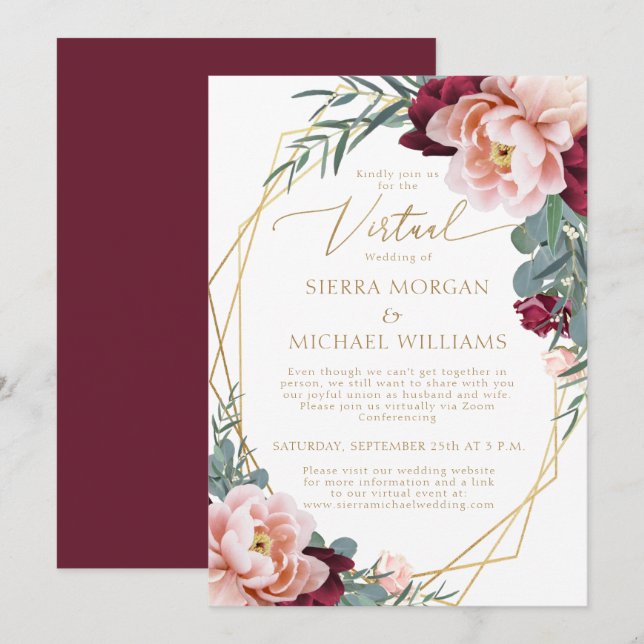 Elegant Blush Burgundy Gold Virtual Wedding Invitation (Front/Back)