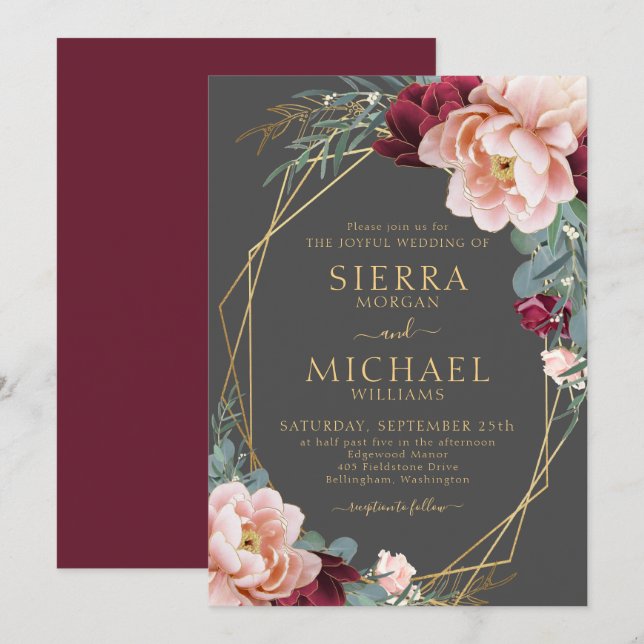 Elegant Blush Burgundy Gray Gold Peony Wedding Invitation (Front/Back)
