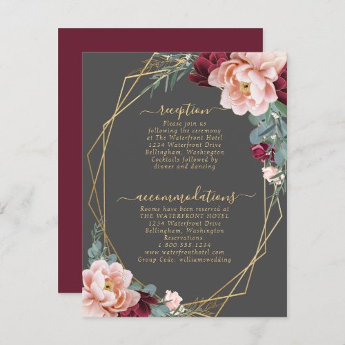 Elegant Blush Burgundy Gray Gold Wedding Details Enclosure Card