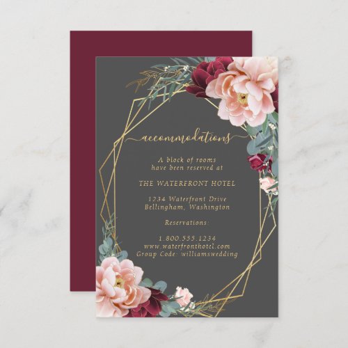 Elegant Blush Burgundy Gray Gold Wedding Details Enclosure Card