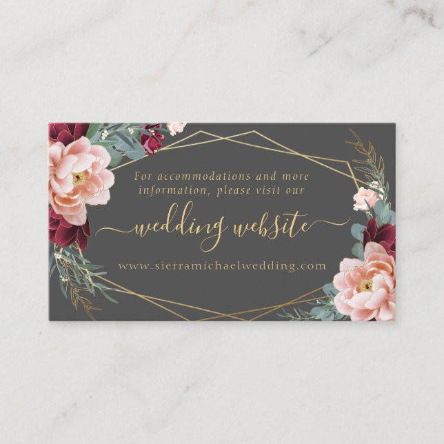 Elegant Blush Burgundy Gray Gold Wedding Website Enclosure Card (Front)