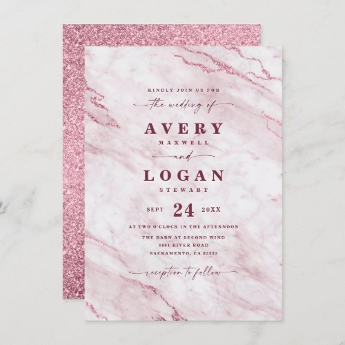 Elegant Blush  Burgundy Marble  Glitter Wedding Invitation