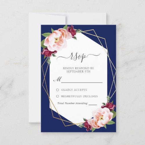 Elegant Blush Burgundy Navy Blue Gold Wedding RSVP Card