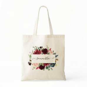 Elegant Blush Burgundy Navy Floral Personalized Tote Bag