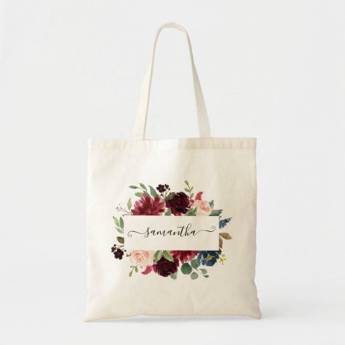 Elegant Blush Burgundy Navy Floral Personalized Tote Bag