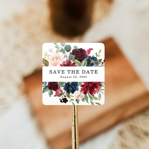 Elegant Blush Burgundy Navy Floral Save The Date Square Sticker