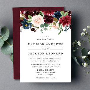 Elegant Blush Burgundy Navy Floral Wedding Invitation