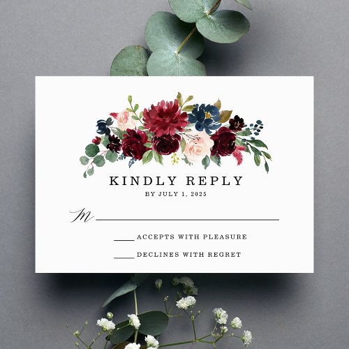 Elegant Blush Burgundy Navy Floral Wedding RSVP Card