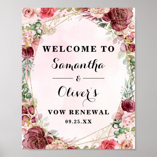 Elegant Blush Burgundy Rose Floral Anniversary Poster (Front)