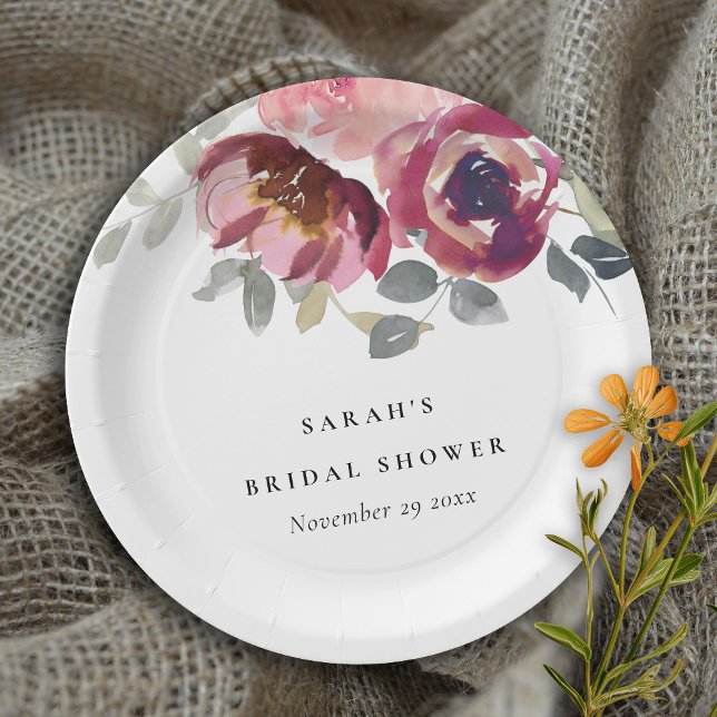 ELEGANT BLUSH BURGUNDY ROSE FLORAL BRIDAL SHOWER PAPER PLATES (Creator Uploaded)