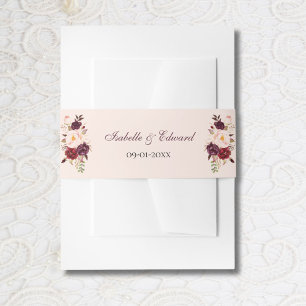 Elegant Blush & Burgundy Roses Bouquet Wedding Invitation Belly Band