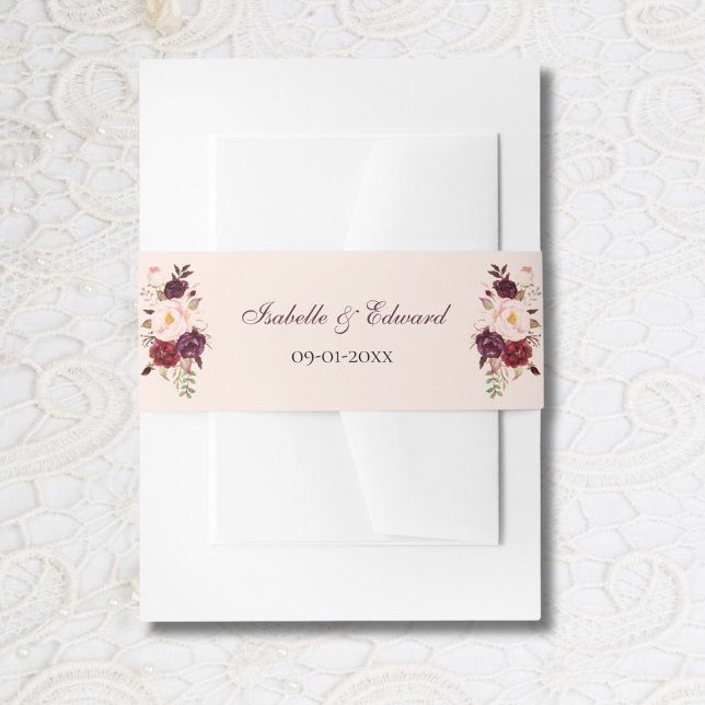 Elegant Blush & Burgundy Roses Bouquet Wedding Invitation Belly Band (Creator Uploaded)