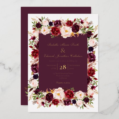 Elegant Blush  Burgundy Roses Floral Bouquet Gold Foil Invitation