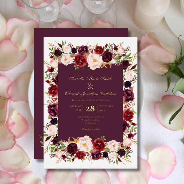Elegant Blush & Burgundy Roses Floral Bouquet Gold Foil Invitation (Creator Uploaded)