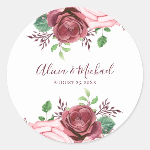 Elegant blush burgundy roses script wedding favor classic round sticker