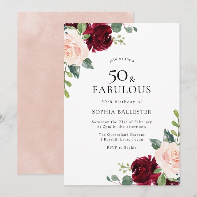 Elegant Blush & Burgundy Watercolor 50th Birthday Invitation (Front/Back)
