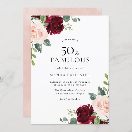 Elegant Blush  Burgundy Watercolor 50th Birthday Invitation