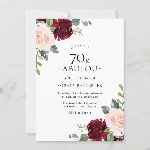 Elegant Blush & Burgundy Watercolor 70th Birthday Invitation | Zazzle