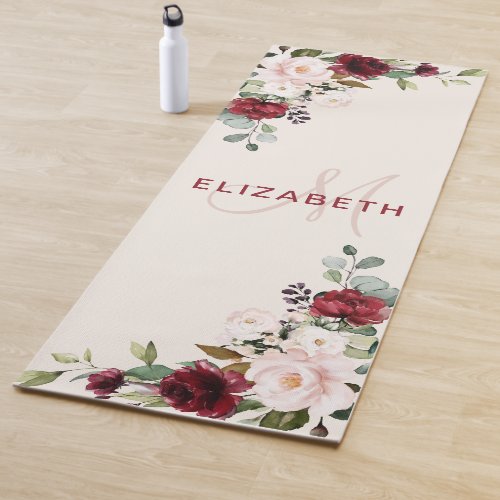 Elegant Blush Burgundy Watercolor Floral Monogram  Yoga Mat