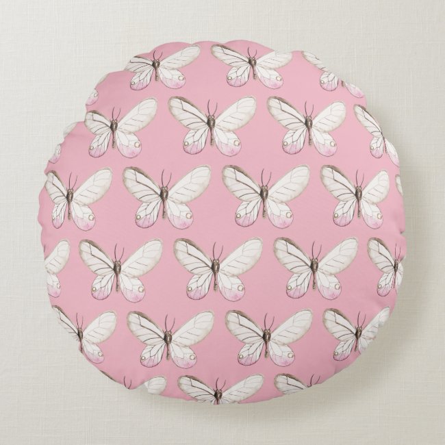 Elegant Blush Butterflies Pattern Round Pillow