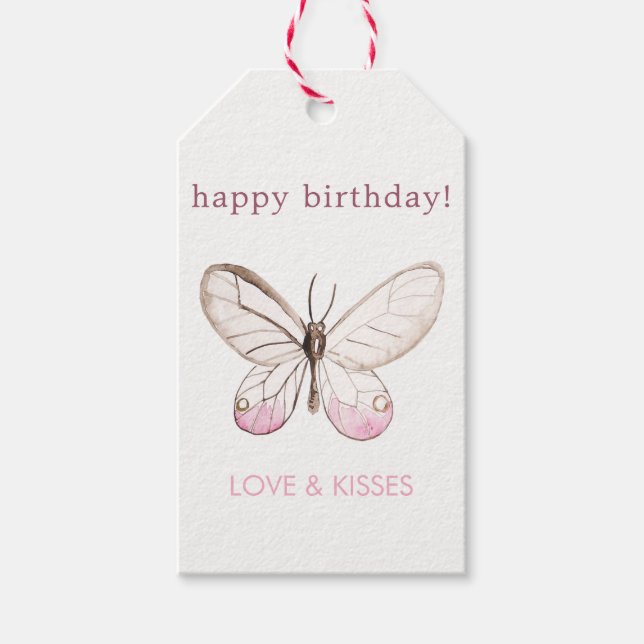 Elegant Blush Butterfly Birthday Gift Tags (Front)