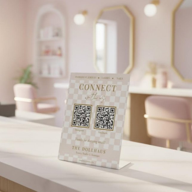 Elegant Blush Checkered Connect With Us QR Code Pedestal Sign (Creator Uploaded)