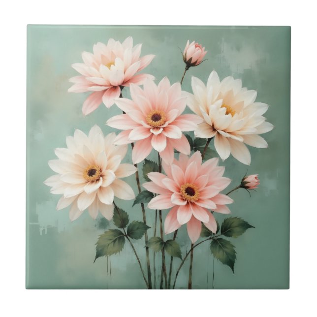 Elegant Blush Chrysanthemum Art Ceramic Tile (Front)