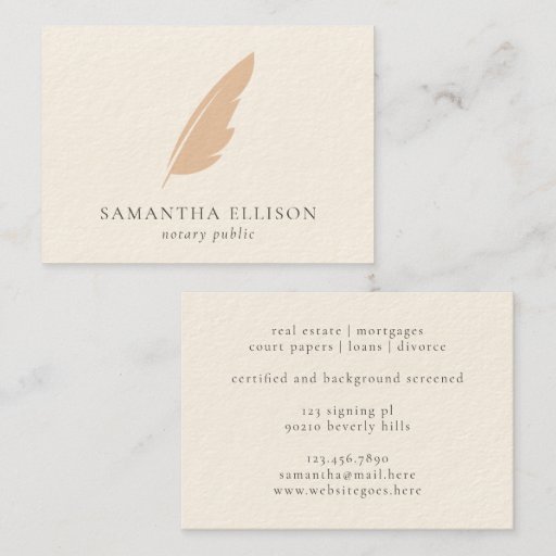 Customizable Elegant Blush Cream Feather Quill Notary Lawyer Business Card